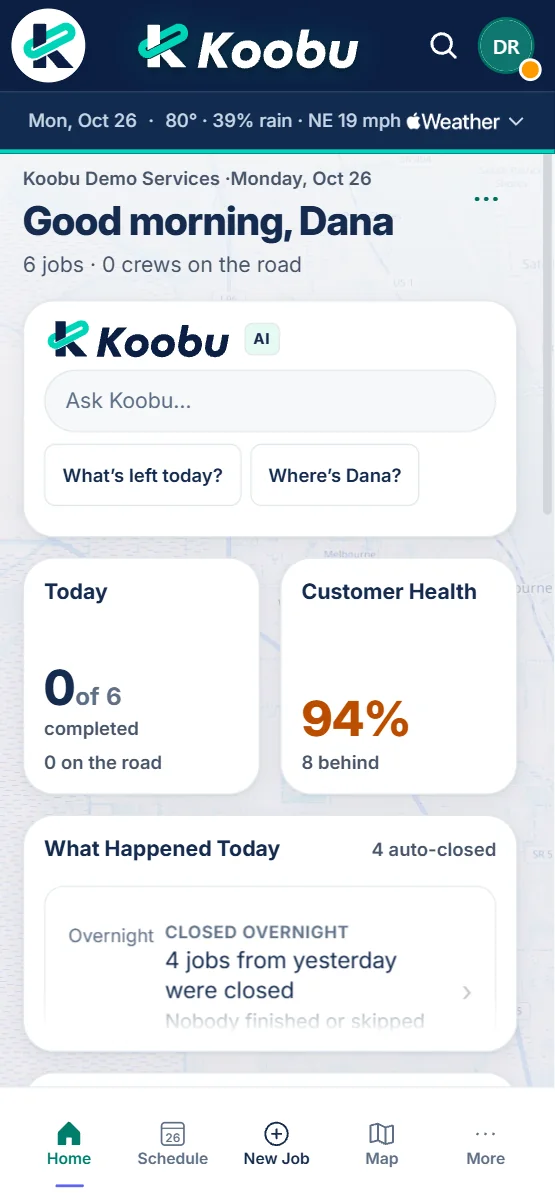 Koobu Home screen on an iPhone: a good-morning greeting, the Koobu AI box, 0 of 6 jobs completed and 94% customer health.