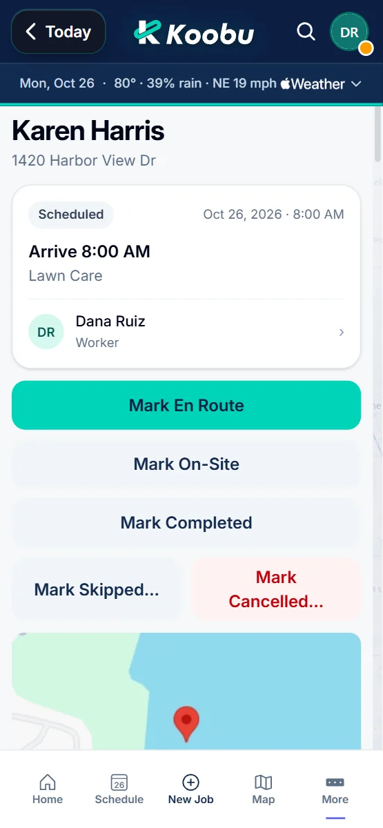 Koobu job screen on an iPhone for a lawn care visit at 8:00 AM, with Mark En Route, Mark On-Site and Mark Completed buttons.