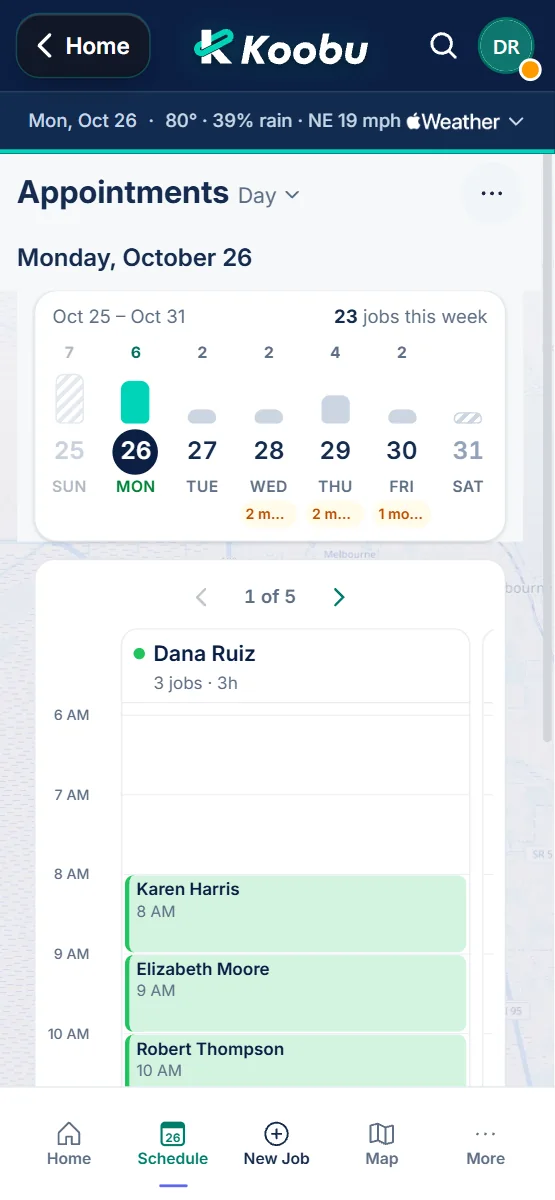 Koobu Schedule screen on an iPhone: a week strip for October 25 to 31 and one worker’s day with three morning jobs.